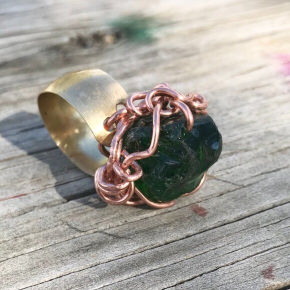 Emerald Green Sea Glass Copper Brass Ring Custom Cocktail Dinner Statement Boho - Picture 6 of 6